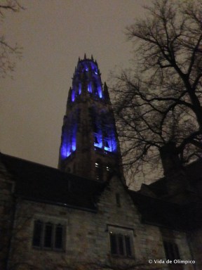 Harkness Tower in blue for Autism Awareness Day